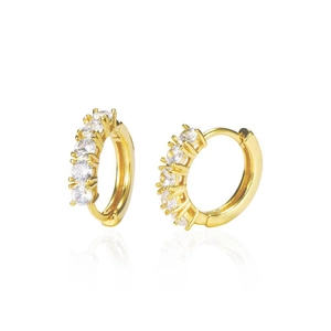 Detail view of gold-plated hoop earrings with five sparkling white cubic zirconia stones