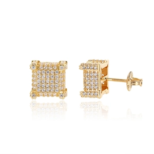 Hip hop square micro-pave zircon gold earrings with secure screw-back closure