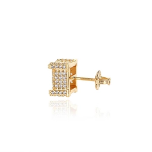 Macro shot of gold square stud earrings with micro-pave zircons and screw back closure