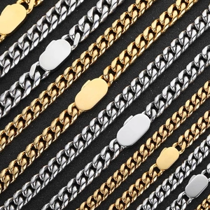 Chaînes à maillons cubains en acier inoxydable or et argent avec plaques d'identité lisses
