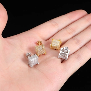 Square hiphop micro-paved zircon earrings in gold and silver finish with screw backs