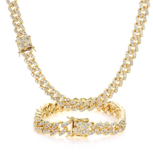 Parure collier et bracelet Cuban link 9mm plaqué or sertie de zircons cubiques brillants