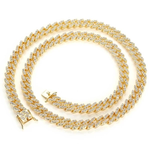 Collier chaîne Cuban 9mm plaqué or à une rangée sertie de cristaux de zircon brillants