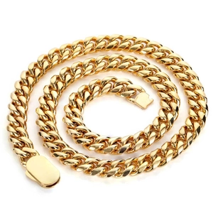 Collier chaîne Cuban Link hip hop plaqué or 18 carats en acier inoxydable avec fermoir