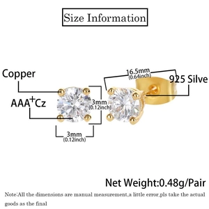 Detailed macro view showing dimensions of 3mm CZ stud earrings with S925 silver posts