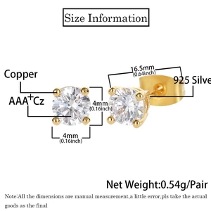 Size specifications for 4mm round AAA+ cubic zirconia stud earrings with 925 silver needles