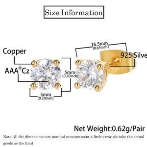 Detail of 5mm AAA+ Cubic Zirconia stud earrings with 925 silver needles in gold plating