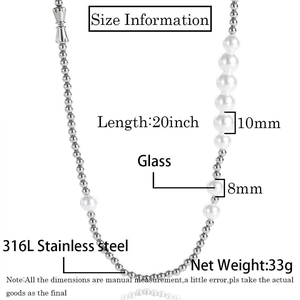 Detail view of 316L stainless steel necklace with 8mm and 10mm glass pearls