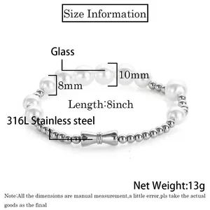 Size chart showing 8mm and 10mm glass pearls with stainless steel bow charm bracelet