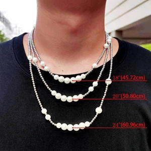 Three-layer layered necklace featuring pearls and silver beads with 18 to 24 inch lengths