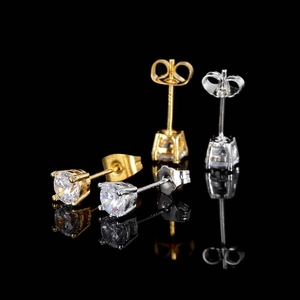 Minimalist S925 hip hop round zircon four-claw stud earrings in gold and silver finish