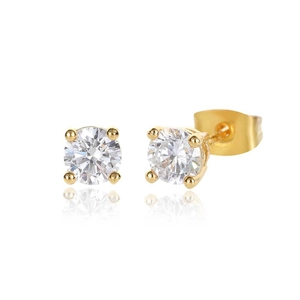 Iced-out gold hip hop stud earrings with four-claw round cubic zirconia stones
