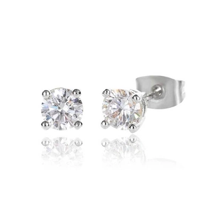 Detailed close-up of a round brilliant-cut cubic zirconia earring with four-prong setting