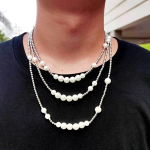 Multi-layer stainless steel ball chain necklace with white gradient pearls for women