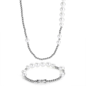 Hip hop pearl and stainless steel bead necklace and bracelet set with bow clasp