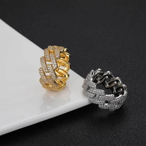 Anelli hip hop stile cubano da 11mm con zirconi micro-pave in finiture oro e argento