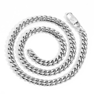 Detailed top view of a polished stainless steel curb chain with a secure lobster clasp