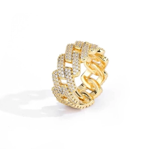 Anello stile hip-hop da 11mm placcato oro con zirconi e design a maglia cubana