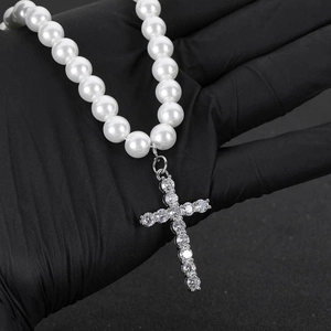Unisex Hip Hop Kreuz Anhänger Halskette Runde Weiße Glasperlen Kette Mit Klarem Strass Iced Out Schmuck Für Party