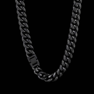 Detail of matte black stainless steel Cuban link necklace with a secure rectangular clasp