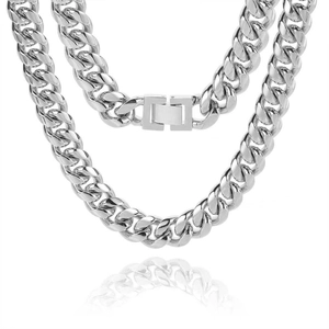 Detail of heavy polished stainless steel Cuban link chain with secure box clasp