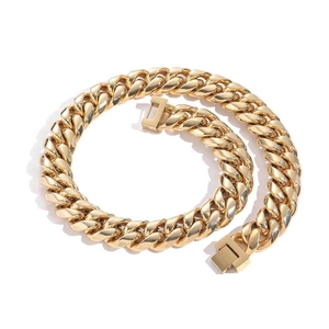 Polished gold stainless steel Cuban link chain necklace with secure box clasp closure
