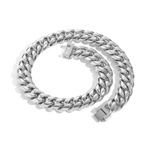 Detailed view of silver stainless steel Cuban link necklace with flat chain links and clasp
