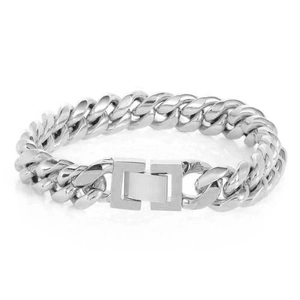 Bracelet gourmette en acier inoxydable argenté poli avec un fermoir carré moderne et chic