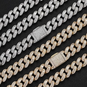 15mm Hip Hop Miami Cuban link chain with baguette cut CZ diamonds in gold and silver