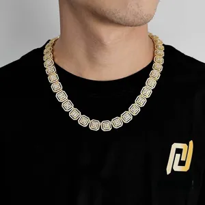 Close-up of 13mm gold hip hop chain with pave-set zircon stones on a male model
