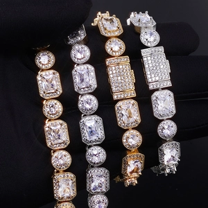 Bracelet hip hop 10mm avec zircons cubiques carrés plaqué or et argent pour hommes