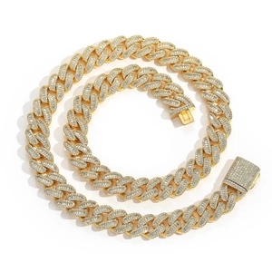 15mm 18K gold plated Cuban link necklace with iced out baguette zircon stones for men
