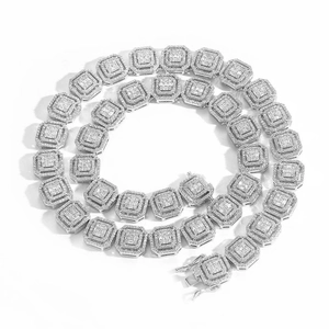 Macro shot of 13mm iced out silver chain with micro pave cubic zirconia for men
