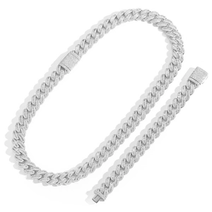 Detail of 15mm iced out cuban link necklace and bracelet set with t-square baguette zircons