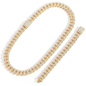 Iced out 15mm gold Cuban link chain and bracelet set with T-shaped baguette stones