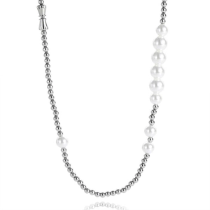 Hip hop style asymmetric necklace with stainless steel beads and elegant white pearls