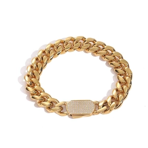 Men's hip hop gold stainless steel Cuban link bracelet with diamond encrusted clasp