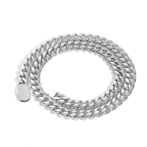 Detailed close-up of Cuban link necklace with square buckle featuring cubic zirconia stones