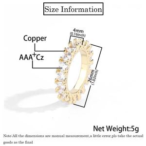 Detailed size chart for 4mm copper ring with AAA+ zirconia and golden plating