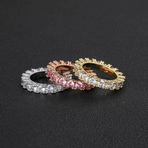 Three-piece hip hop eternity rings set with 4mm cubic zirconia in silver gold and rose gold