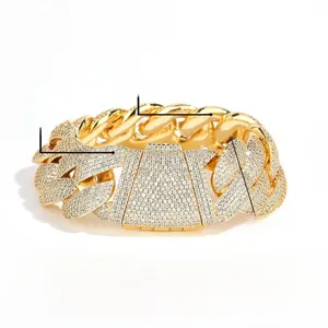 Detailed view of 24mm wide hip hop Cuban link bracelet with iced out zircon pavé setting