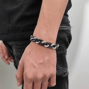 Close-up of 12mm Cuban link bracelet with black plating and silver zircon diamonds