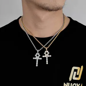 Collane con croce Ankh hip hop in oro e argento con cristalli di zircone incastonati