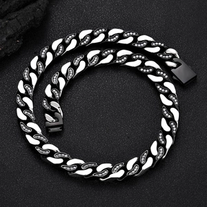 Hip Hop 12mm Edelstahl-Cuban-Halskette mit schwarz-weißen Zirkoniasteinen im Pavé-Stil
