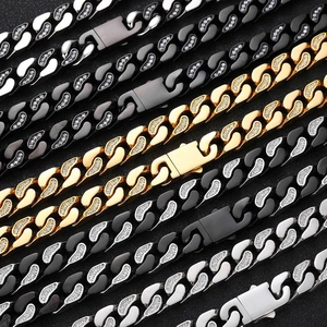 12mm Edelstahl Hip Hop Panzerkette Halskette Armband Schmuckset Teilweise Eingelegte Zirkonia Kette Für Herren Damen Gold Schwarz Silber