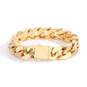 12mm golden stainless steel Cuban link bracelet with CNC set zircons for men