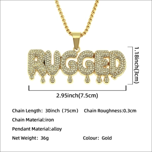 Hip hop style RUGGED letter pendant necklace in gold finish with clear dimensions