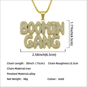 Hip hop Boomin Gang pendant necklace in gold finish with sparkling iced out rhinestones