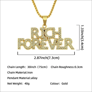 Hip hop gold RICH FOREVER letter pendant necklace with a 30-inch heavy chain for men