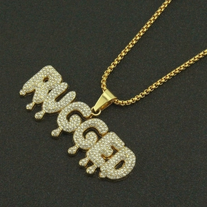Hip hop style gold RUGGED letter pendant necklace with sparkling white rhinestones